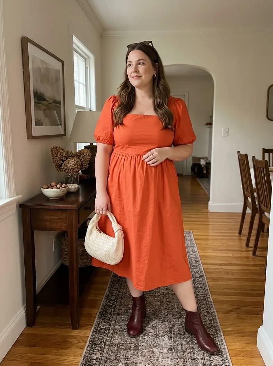 Orange Linen Puff Sleeve Midi Dress