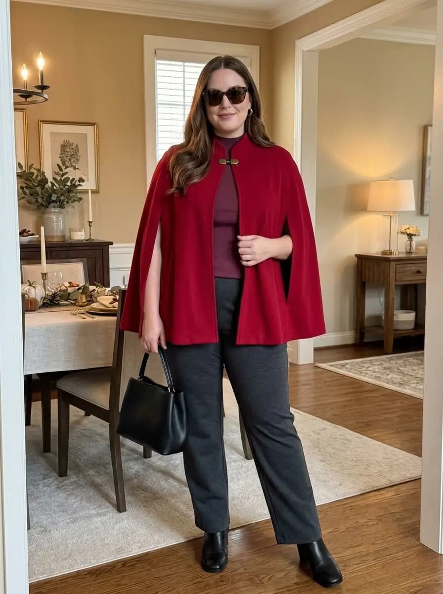 Burgundy Cape with Burgundy Mock Neck Top and Charcoal Grey Trousers