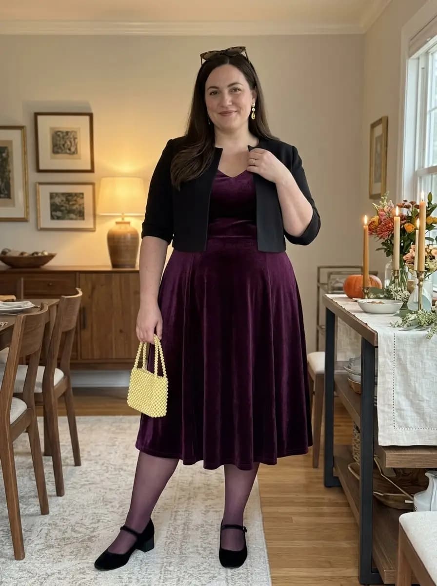 Purple Velvet Fit and Flare Dress with Black Cropped Bolero Jacket