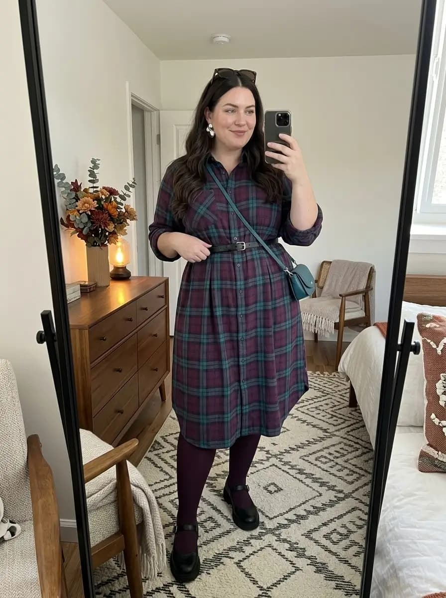 Plum and Teal Plaid Shirt Dress