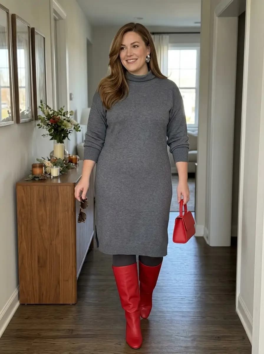 Grey Knit Turtleneck Midi Dress