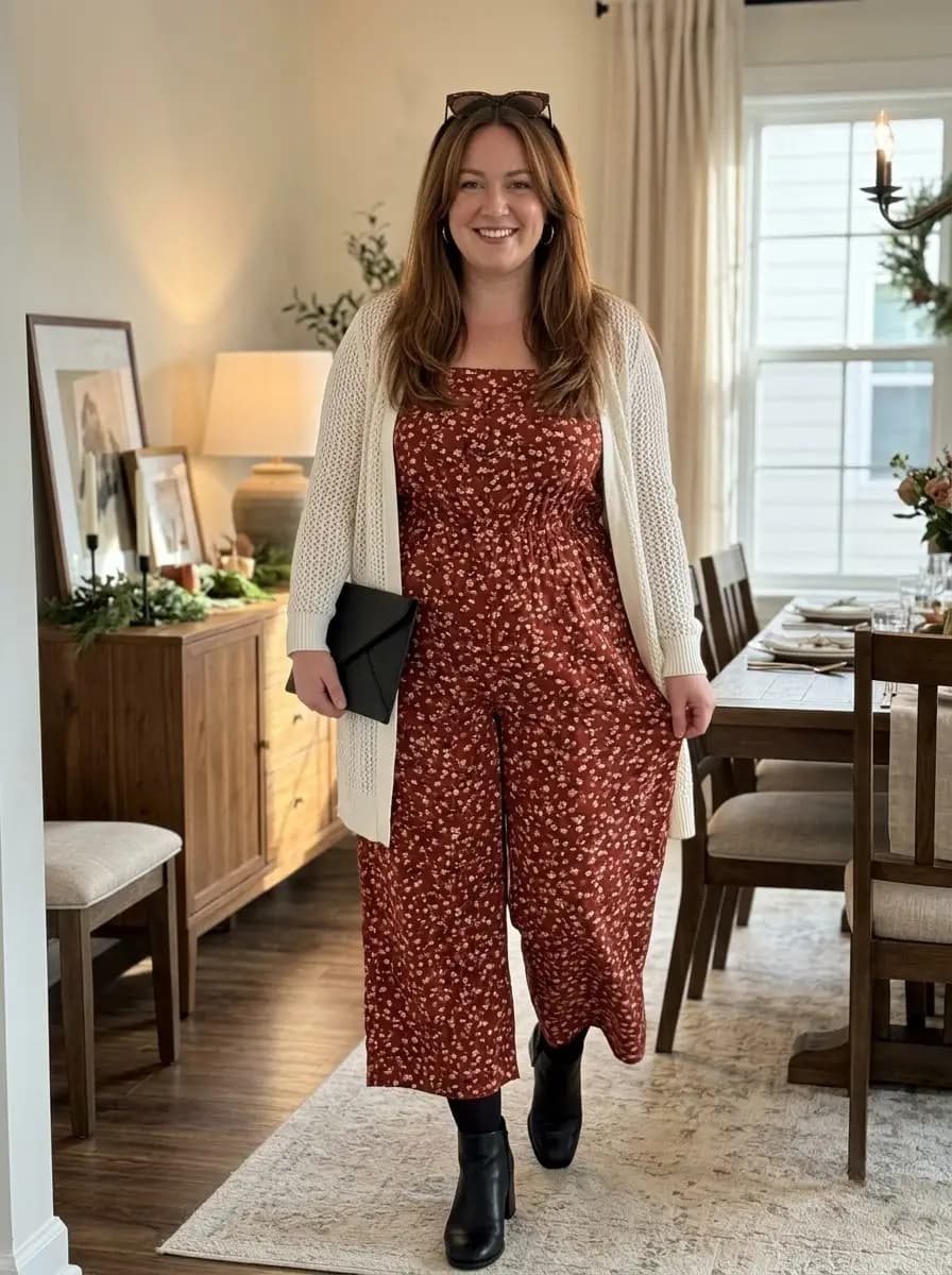 Floral Print Cropped Jumpsuit with White Knit Cardigan