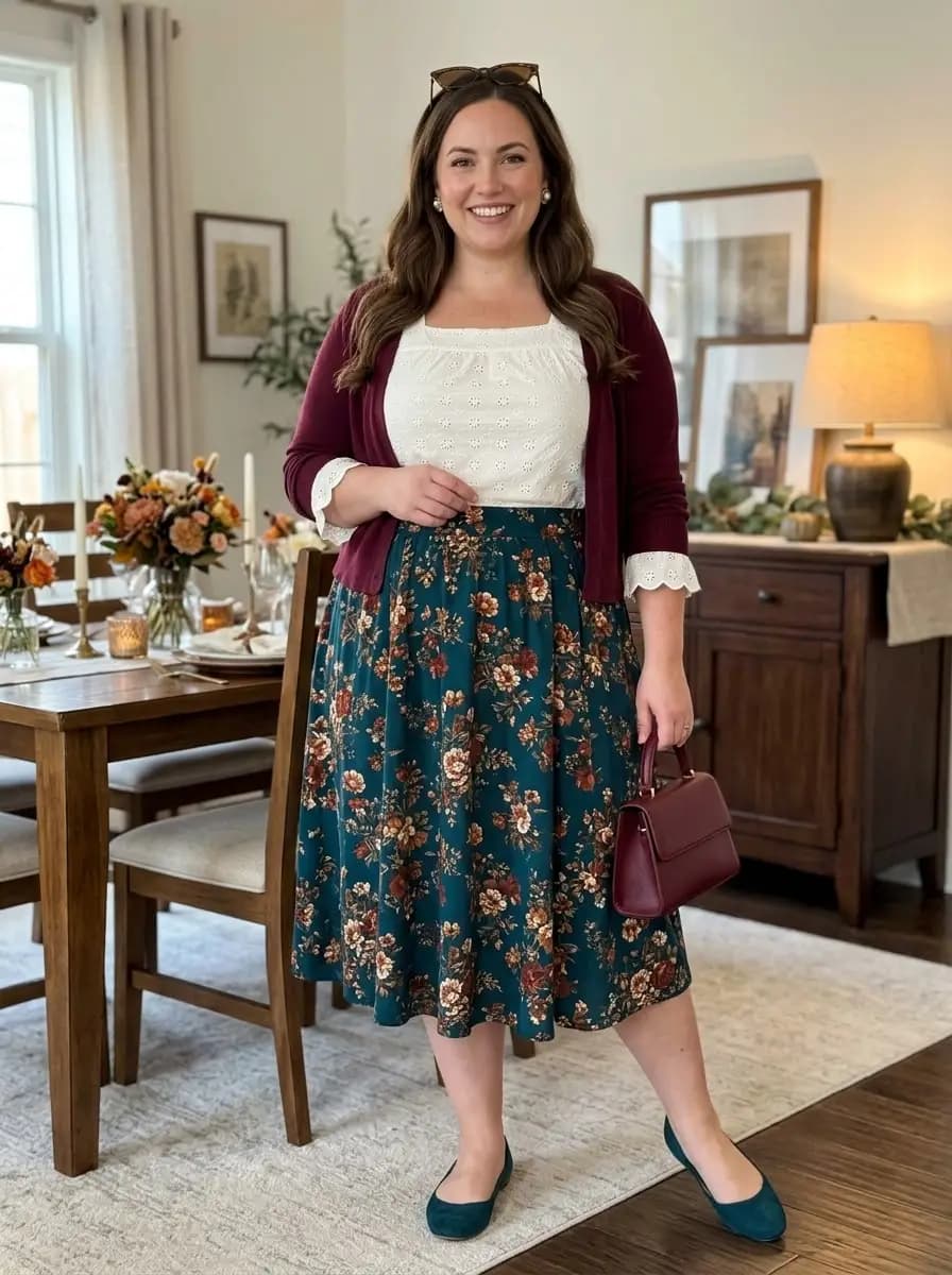 White Eyelet Blouse with Burgundy Cardigan and Teal Floral Midi Skirt
