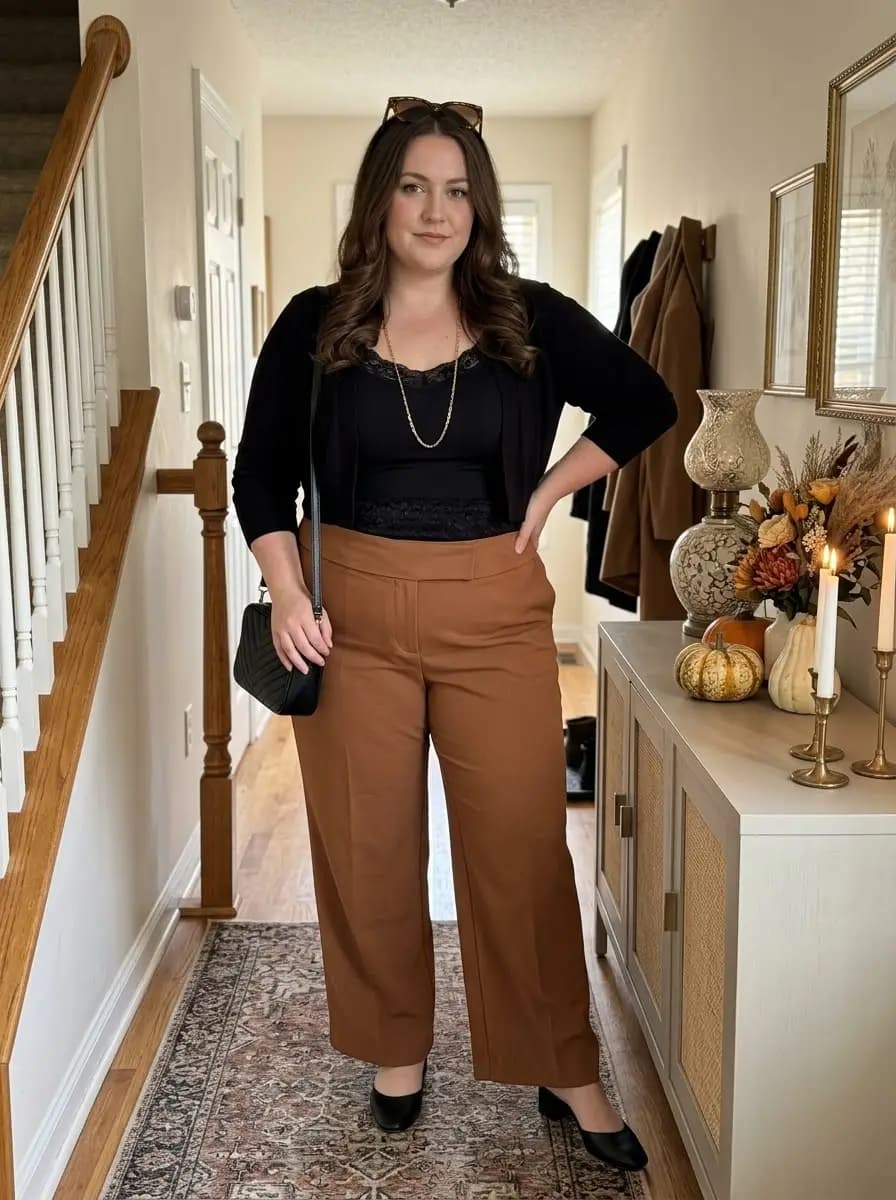 Black Lace-Trim Cami with Black Cardigan and Brown Wide-Leg Pants