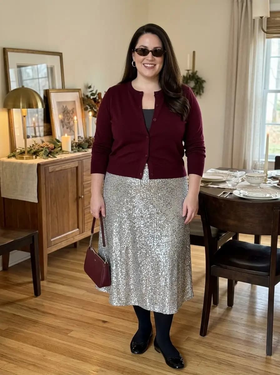 Burgundy Cardigan with Grey Sequin Midi Skirt