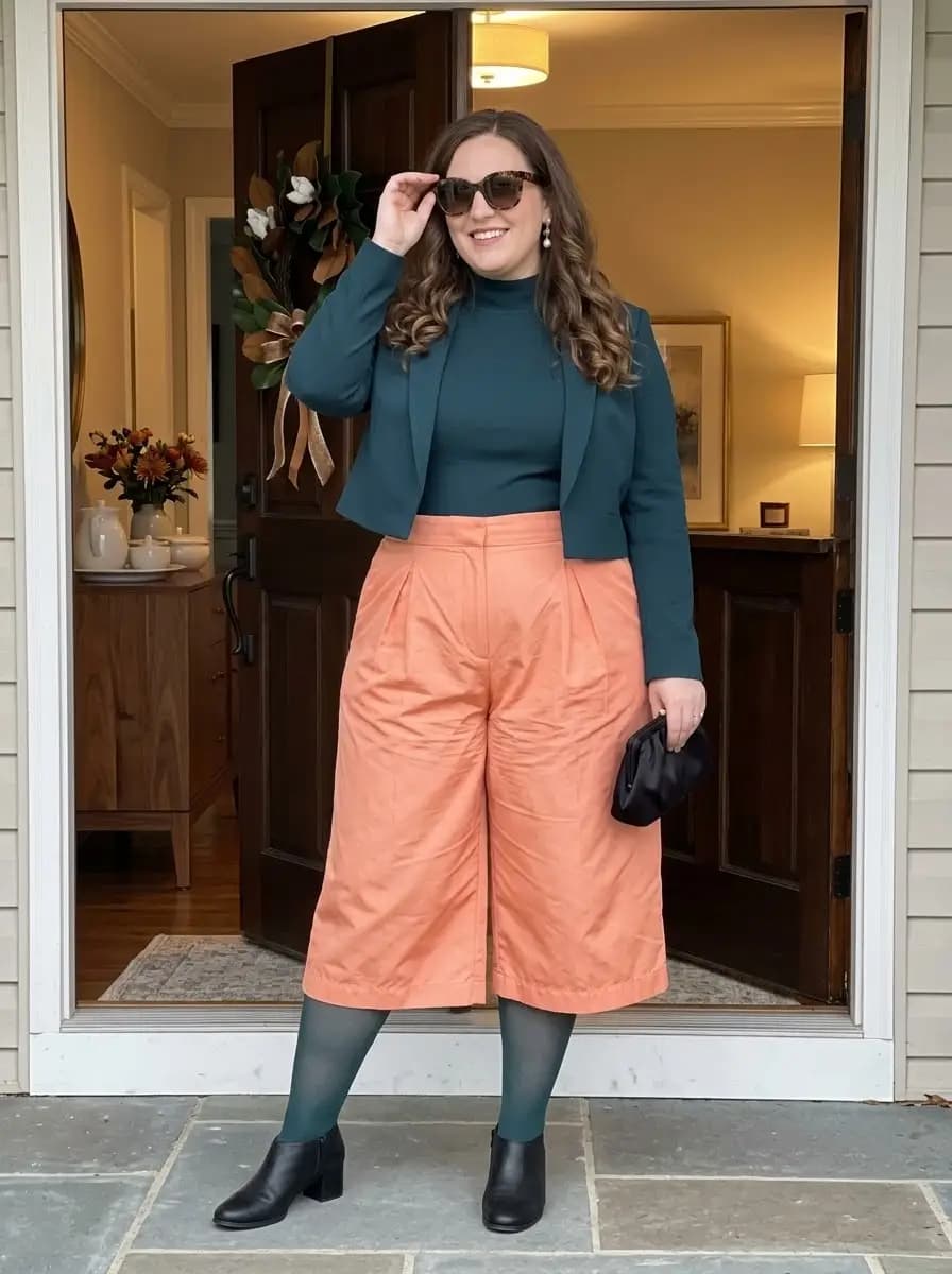 Teal Mock Neck Top and Blazer with Peach Culottes