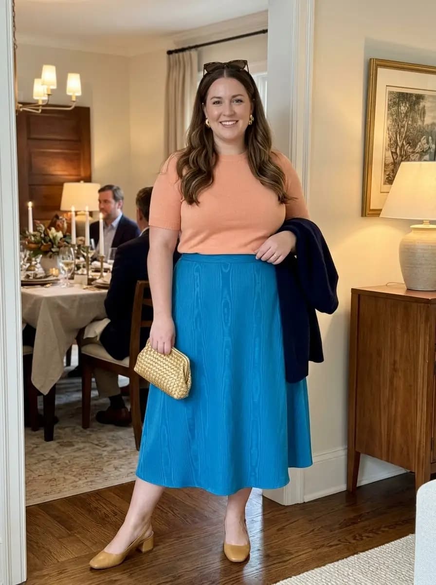 Peach Knit Top with Blue Textured Midi Skirt