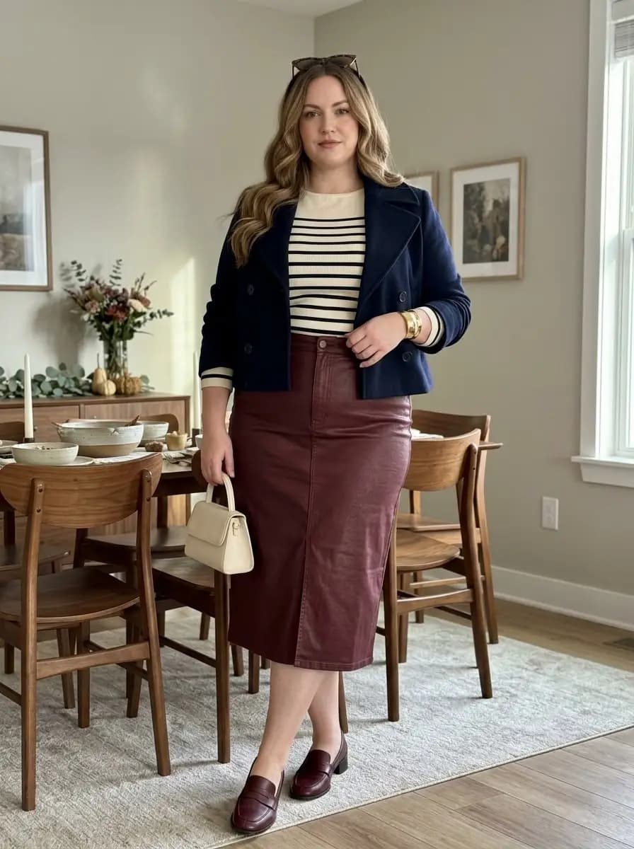 Striped Knit Top with Navy Cropped Blazer and Burgundy Midi Skirt