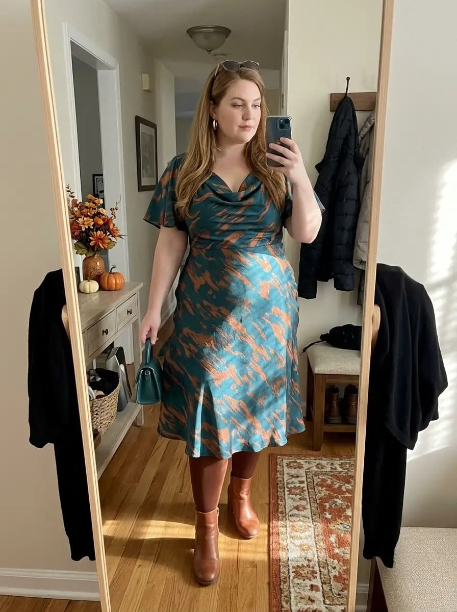 Teal and Orange Print Midi Dress