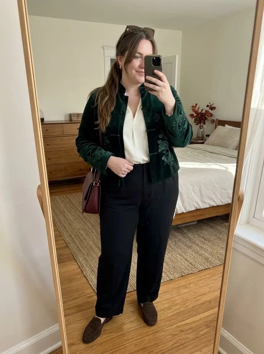 Cream V-Neck Blouse with Black Trousers and Green Embroidered Velvet Jacket