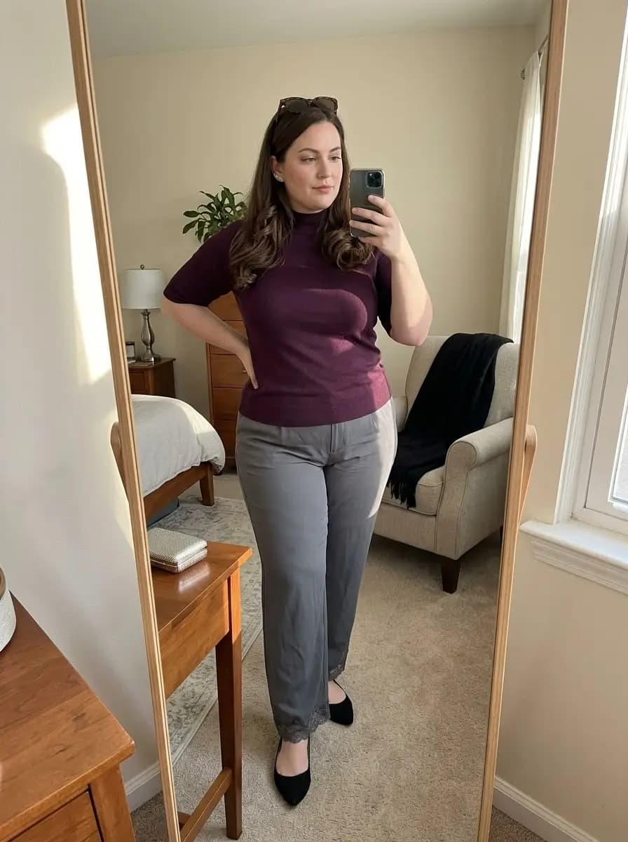 Burgundy Mock Neck Short Sleeve Top with Grey Lace-Trimmed Pants