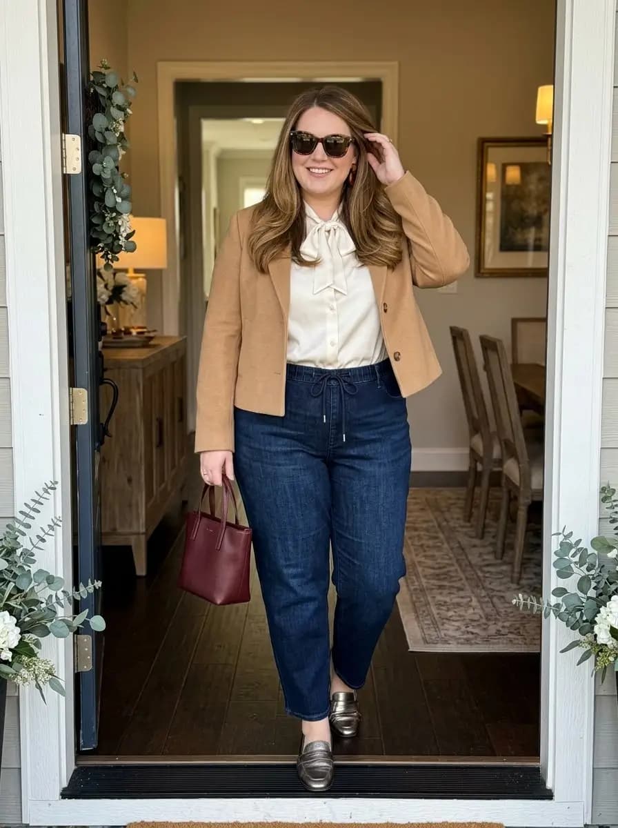 Cream Bow Blouse with Cropped Camel Blazer and Dark Jeans