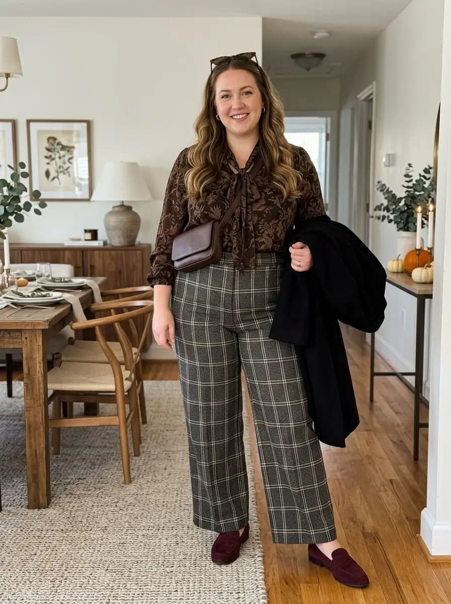 Brown Printed Tie-Neck Blouse with Plaid Trousers