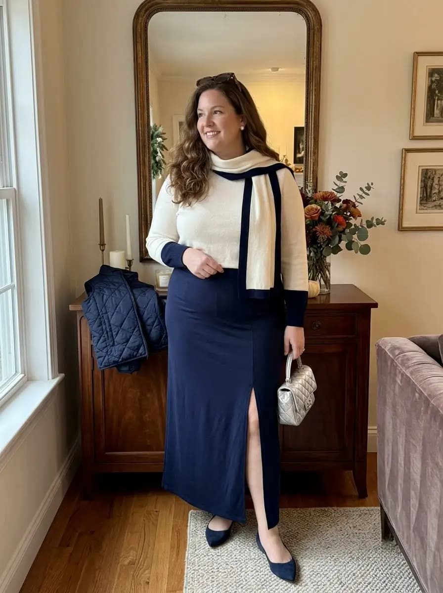 Cream Sweater with Navy Trim and Navy Maxi Skirt