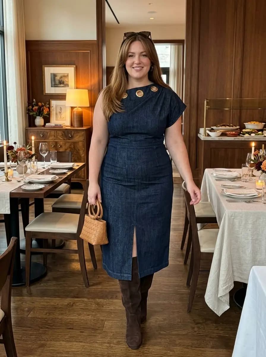 Dark Denim Midi Dress with Brown Knee-High Boots
