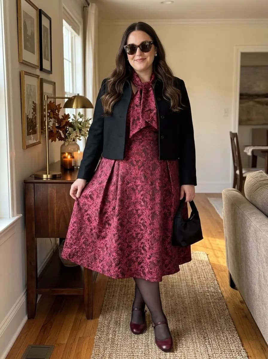 Burgundy Brocade Fit and Flare Dress with Black Cropped Blazer