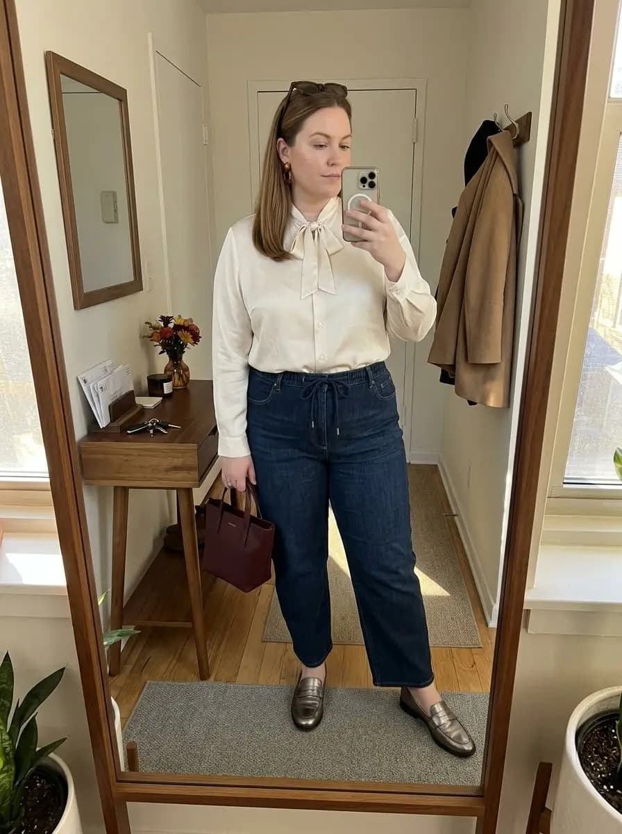 Cream Bow Blouse with Straight-Leg Jeans