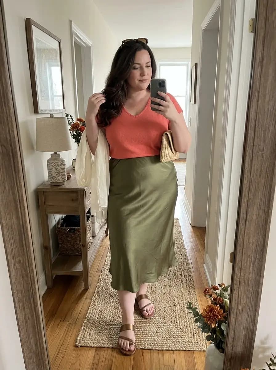 Coral Knit Top with Olive Satin Midi Skirt