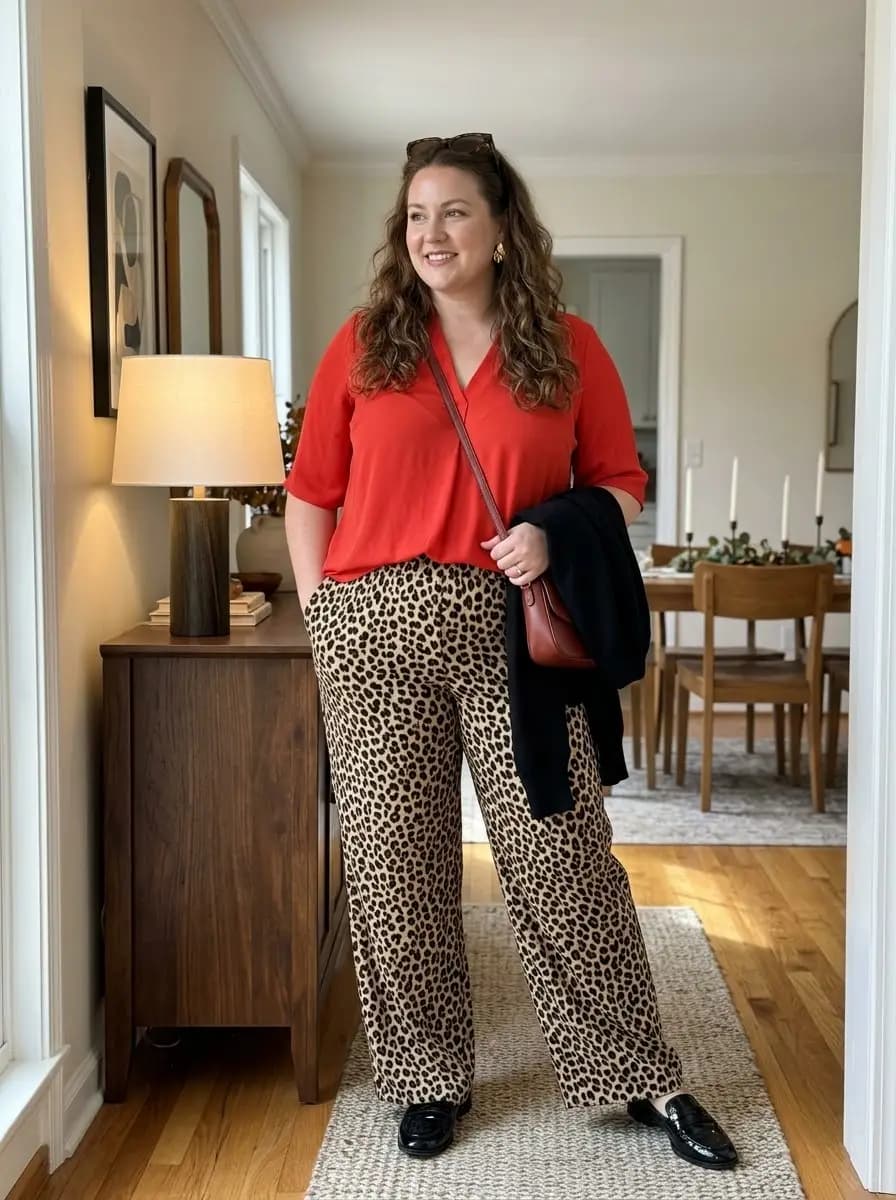Red Blouse with Leopard Wide-Leg Pants
