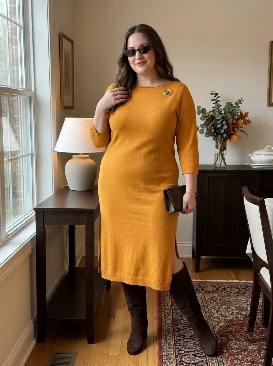 Mustard Yellow Knit Midi Dress