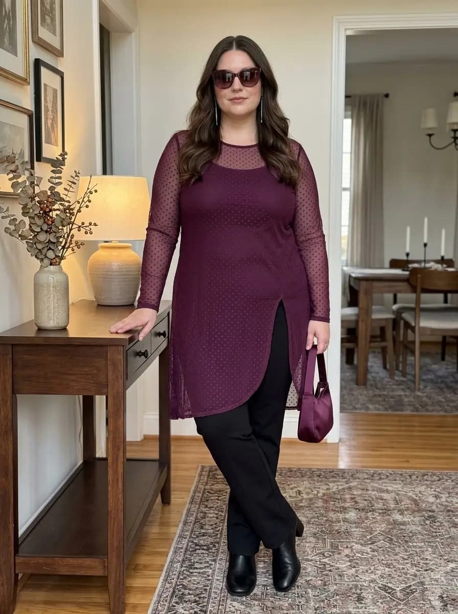 Burgundy Sheer Polka Dot Tunic with Black Wide-Leg Pants