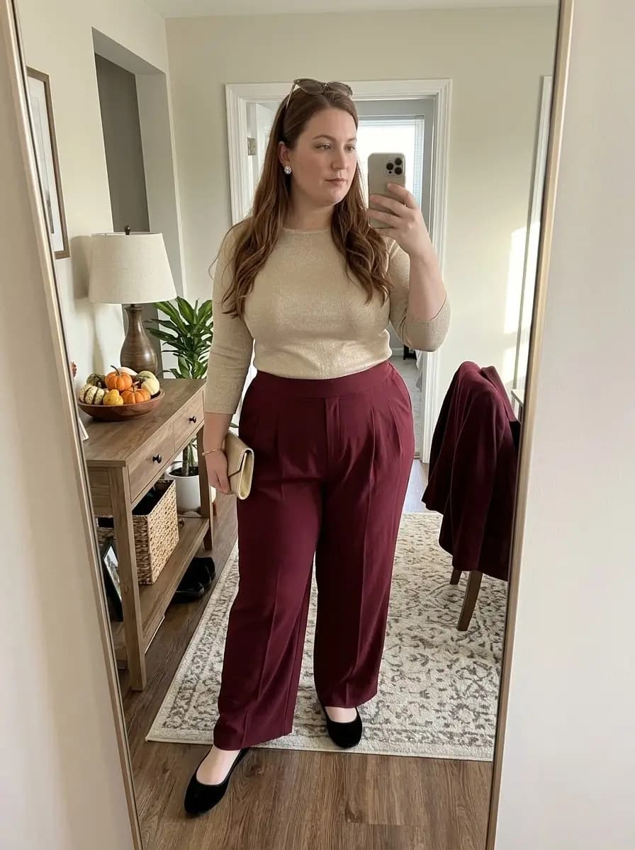 Gold Metallic Knit Sweater with Burgundy High-Waisted Wide-Leg Pants