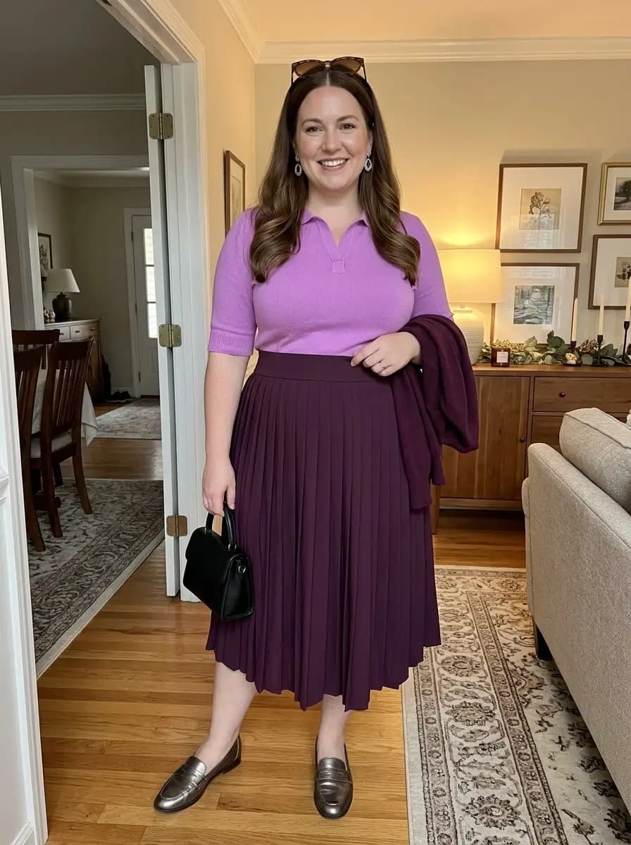 Lavender Polo Collar Knit Top with Burgundy Pleated Midi Skirt