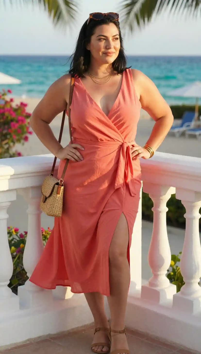 Coral Linen Wrap Dress + Tan Leather Flat Sandals