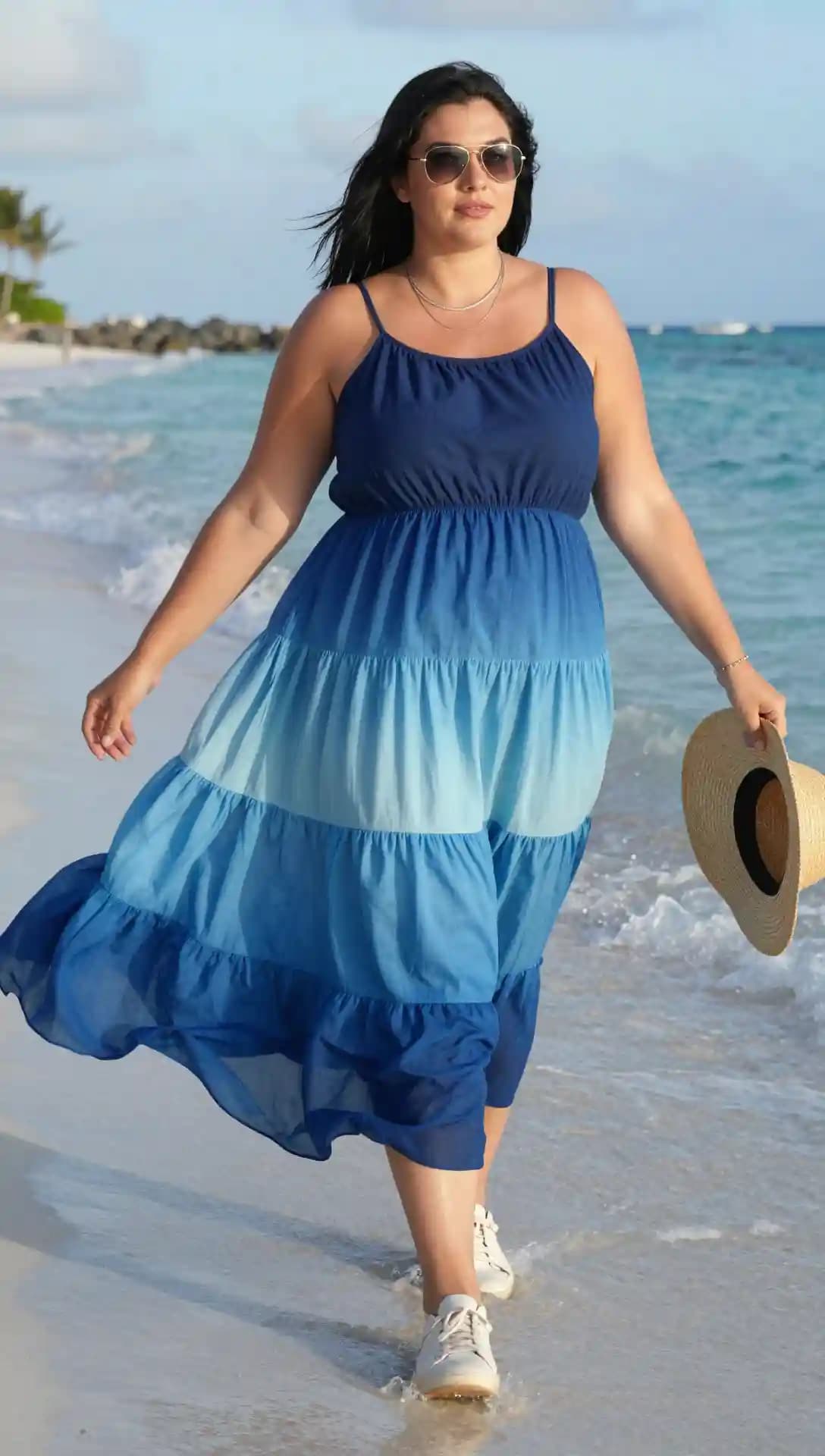 Navy Cotton Maxi Dress + White Canvas Sneakers + Straw Hat
