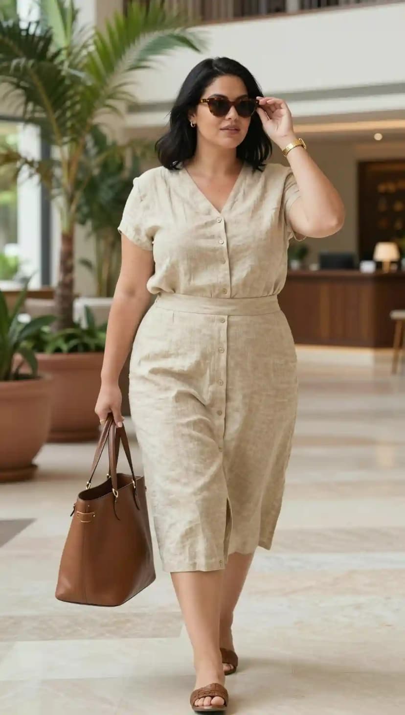 Beige Linen Button-Up Midi Dress + Brown Woven Slide Sandals + Brown Leather Tote Bag