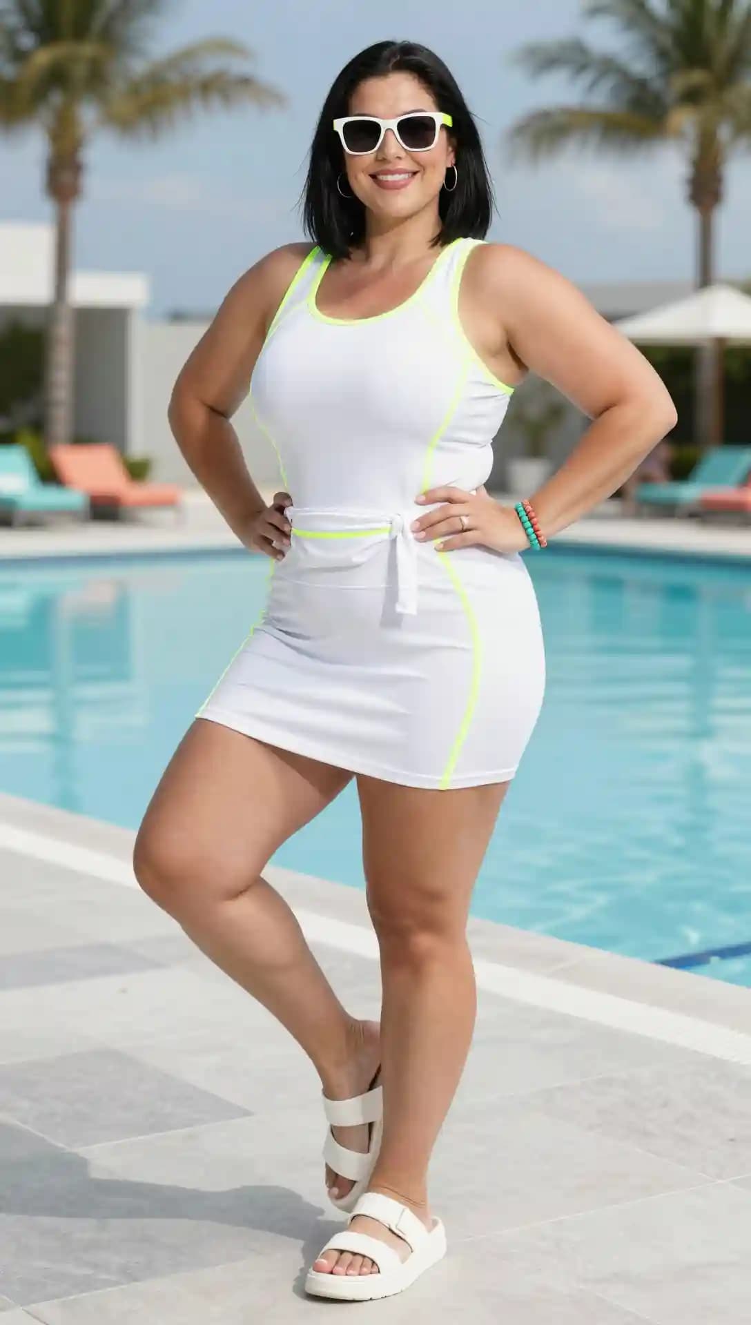 White Sleeveless Athletic Dress + White Slide Sandals