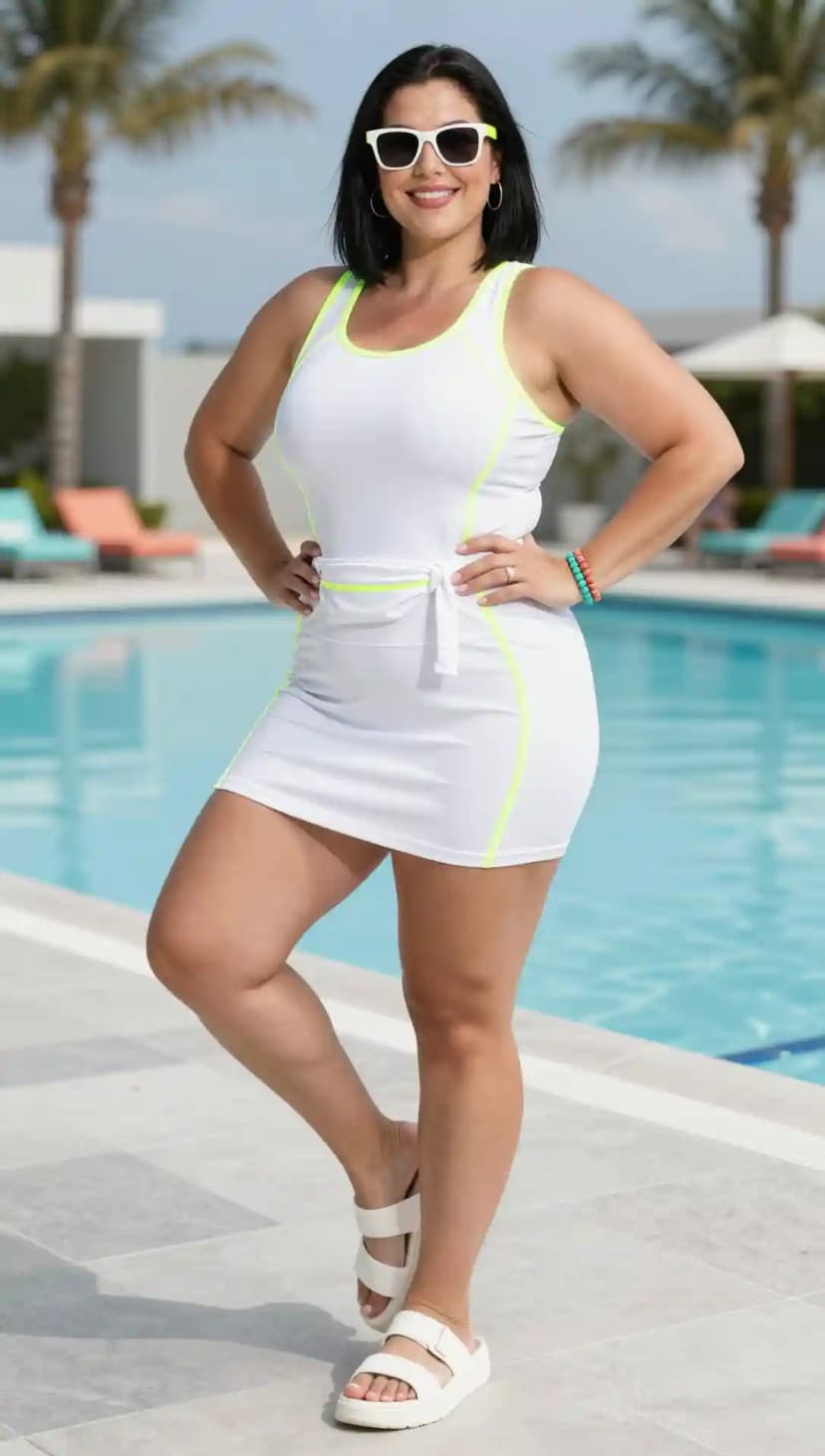 White Sleeveless Athletic Dress + White Slide Sandals