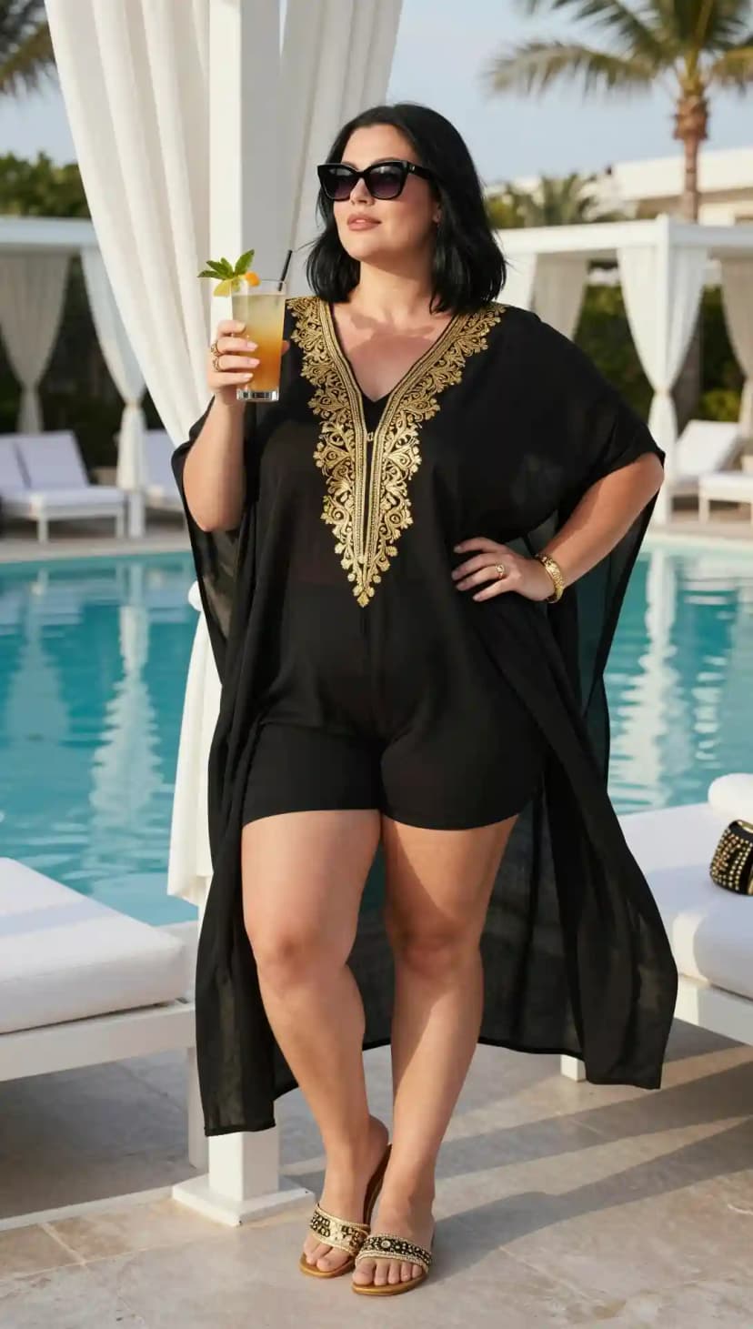 Black Gauze Kaftan + Black Jersey Shorts + Gold Embellished Flat Sandals