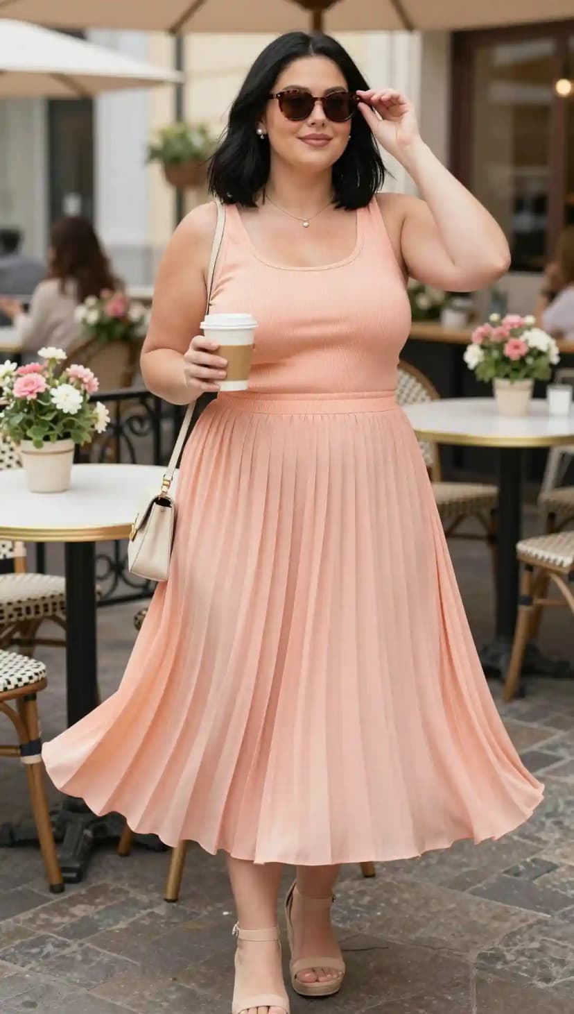 Peach Ribbed Tank Top + Peach Pleated Chiffon Midi Skirt
