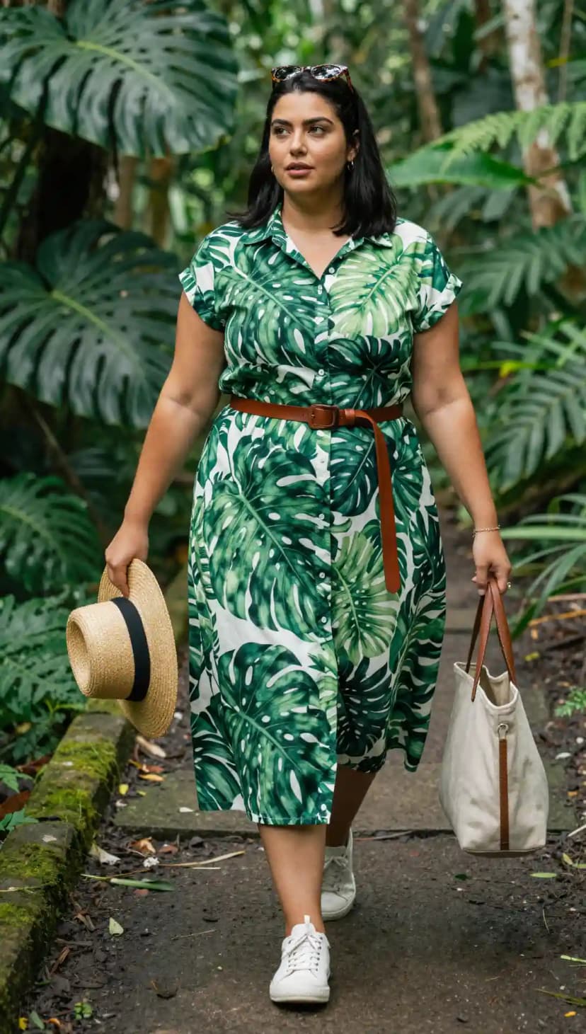 Green Tropical Print Button-Up Midi Dress + Brown Leather Belt + White Canvas Sneakers