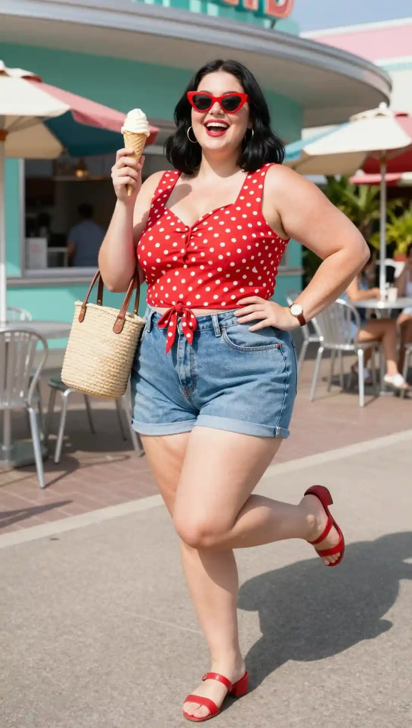 Red Polka Dot Cotton Crop Top + Blue Denim Cut-Off Shorts