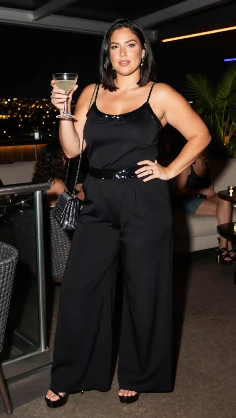 Black Sequin Cami Top + Black Wide-Leg Jumpsuit + Black Sequin Belt