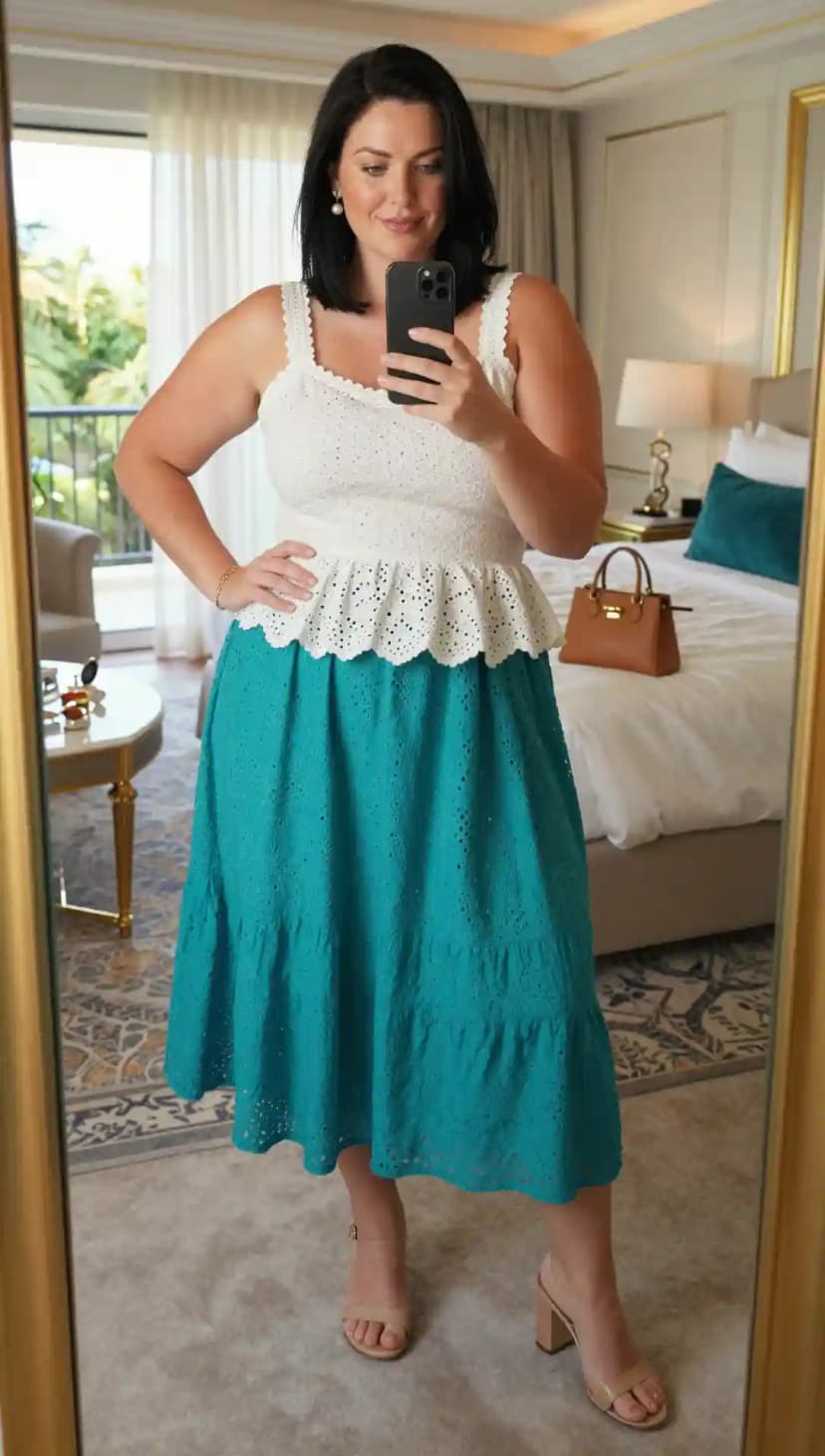 White Broderie Anglaise Crop Top + Teal Broderie Anglaise Midi Skirt