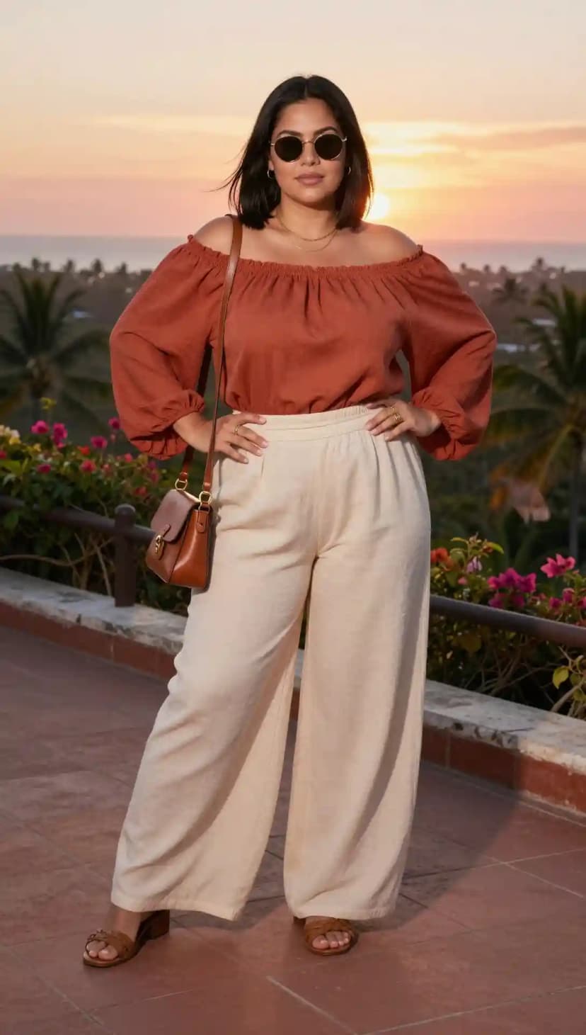Terracotta Linen Off-The-Shoulder Top + Cream Linen Wide-Leg Pants
