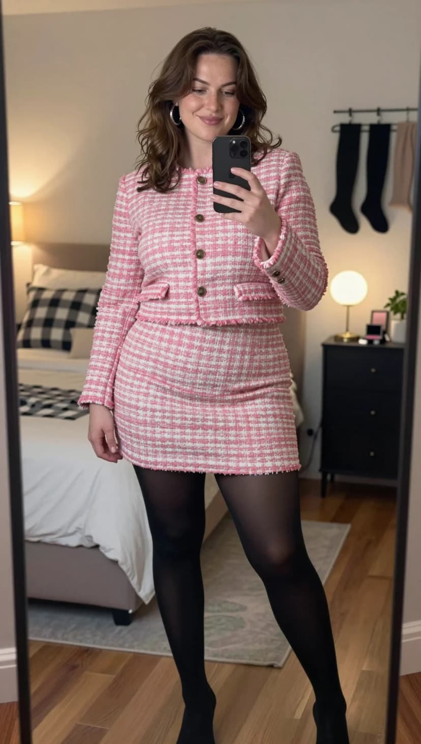 Pink and white tweed cropped jacket with tweed mini skirt and black sheer tights