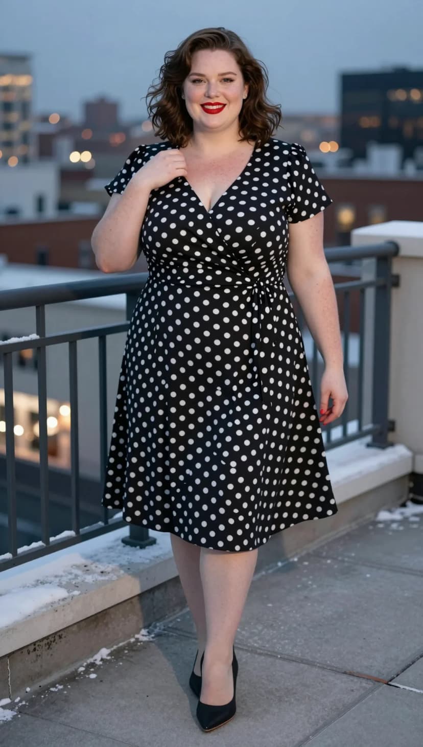 Black polka dot wrap dress with black pointed-toe heels