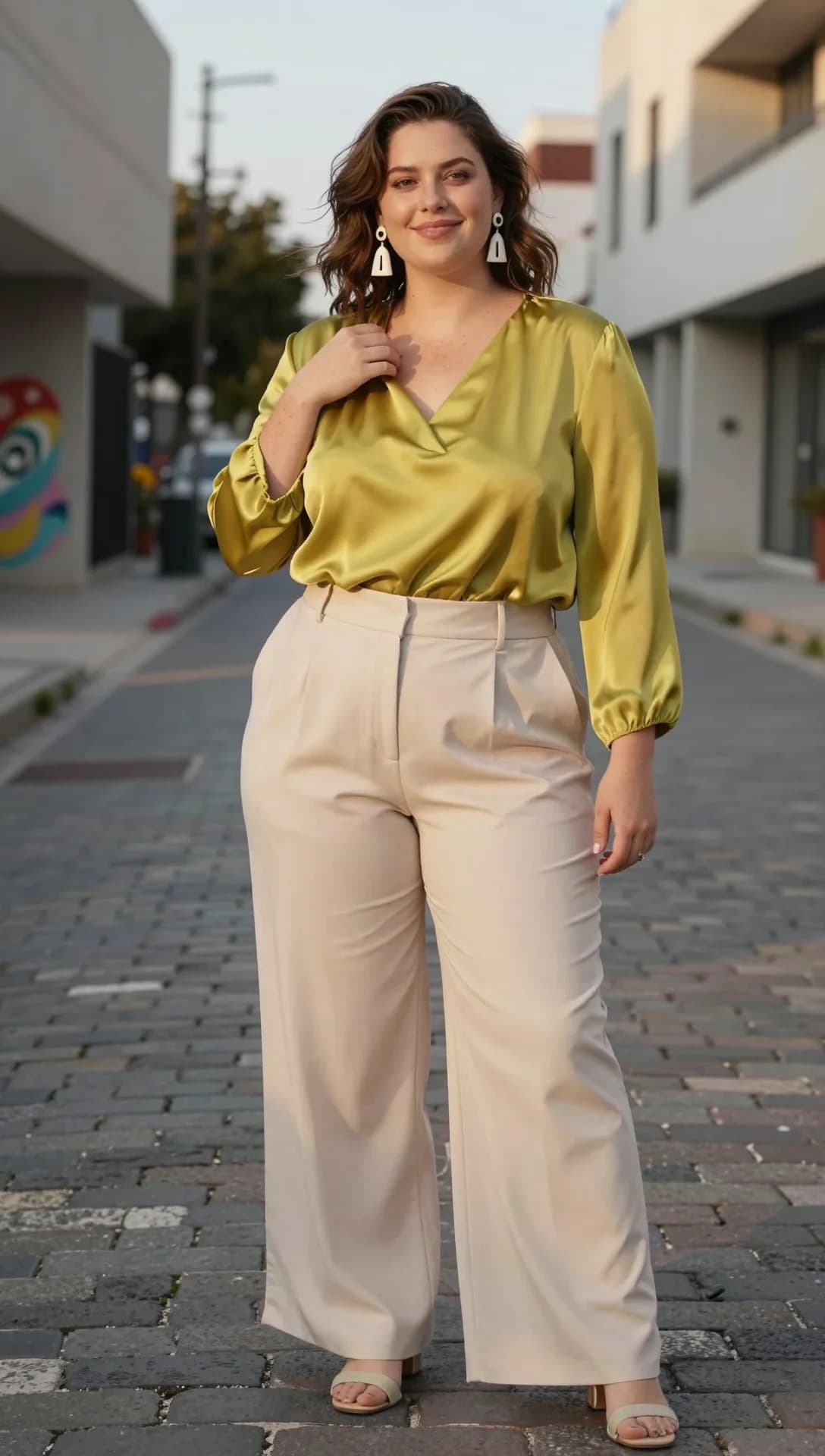 Lime satin V-neck blouse with beige wide-leg trousers and beige heeled sandals
