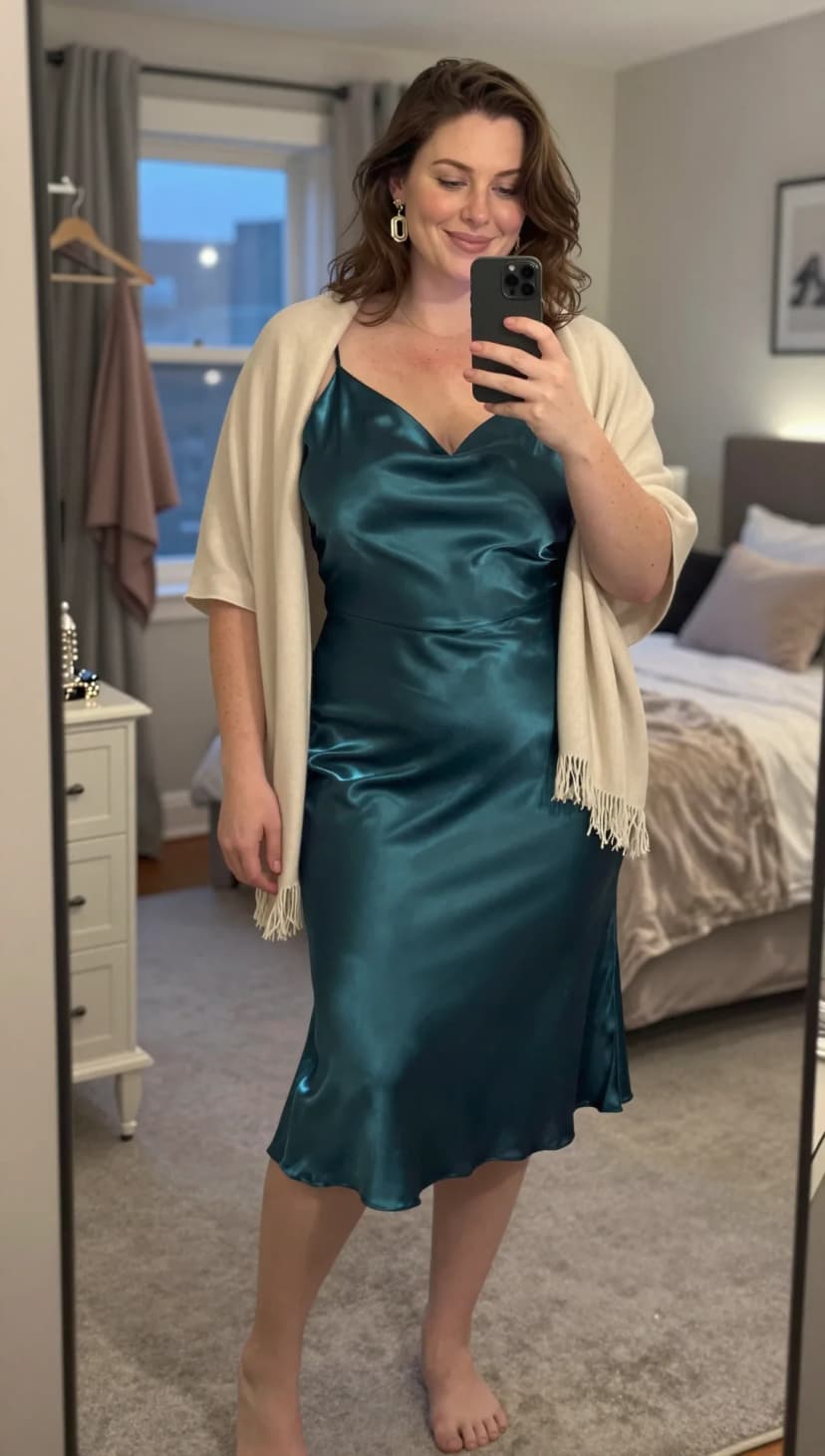 Teal satin slip dress with cream pashmina shawl