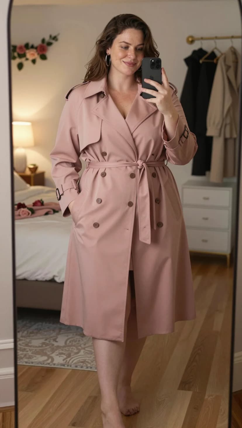 Dusty rose trench coat with white sheer babydoll dress and nude heels