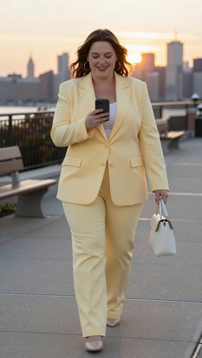 Pale yellow blazer with white tank and matching trousers