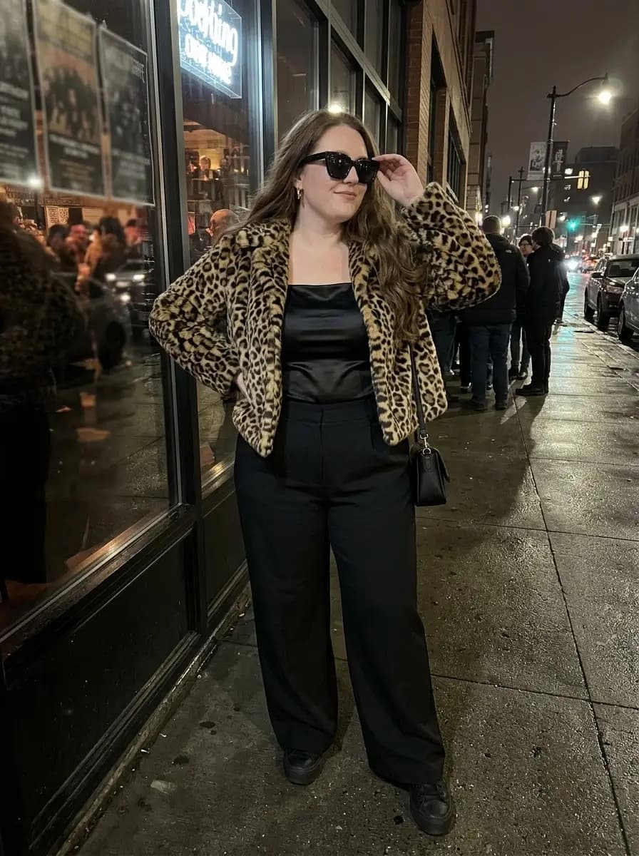 Leopard-Print Faux-Fur Jacket with Black Satin Top and Wide-Leg Trousers