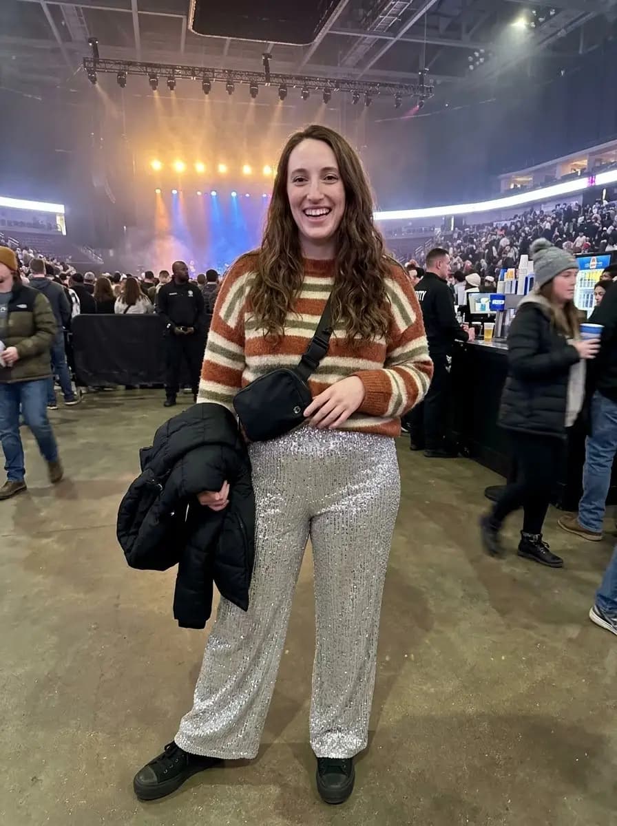 Striped Knit Sweater with Silver Sequin Wide-Leg Trousers