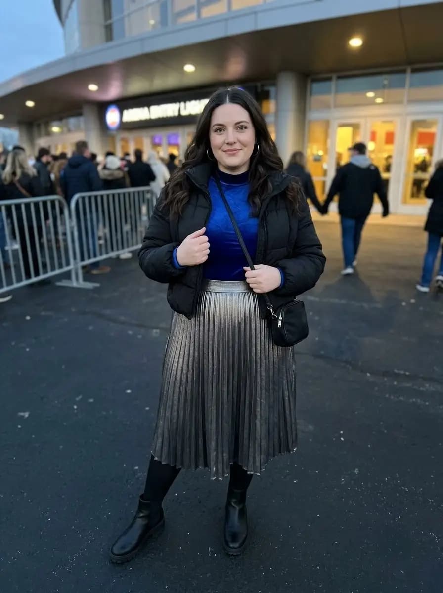 Royal-Blue Velvet Top with Silver Pleated Midi Skirt