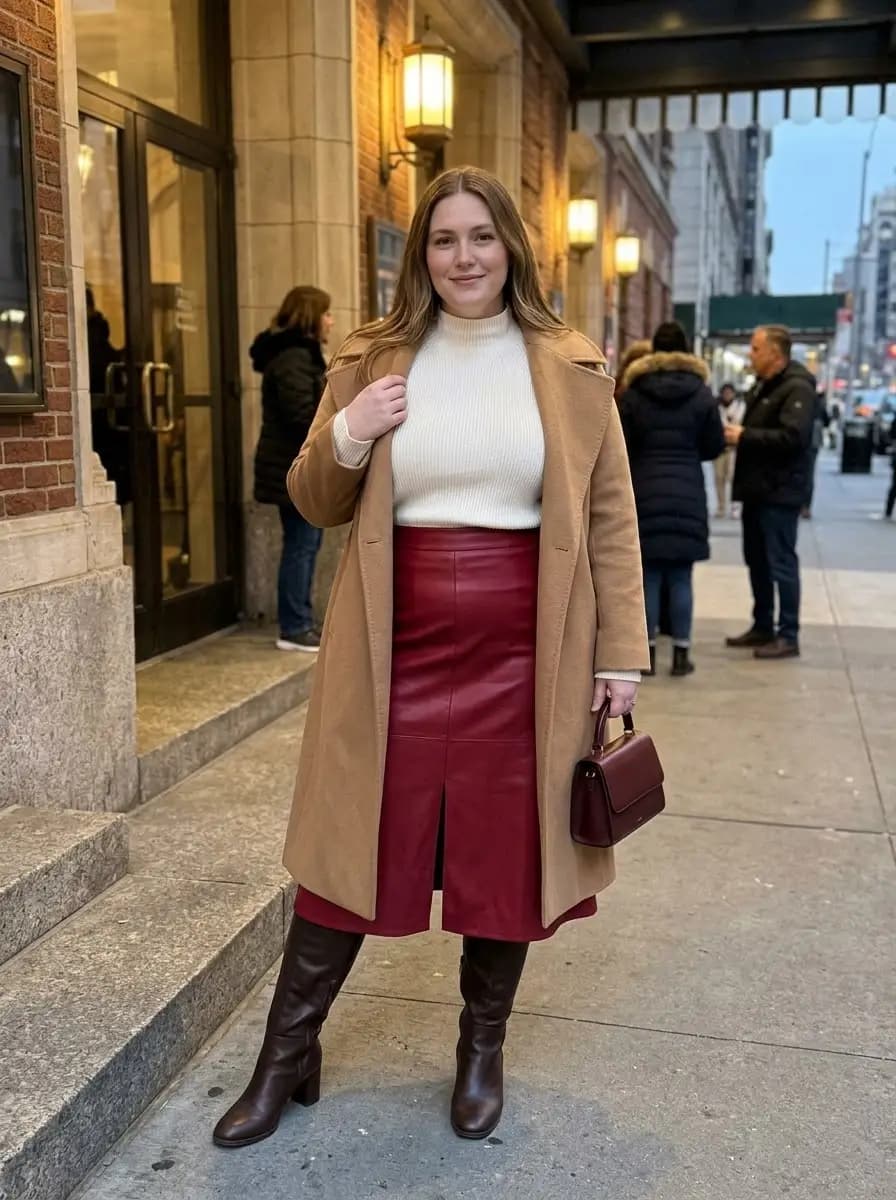 Cream Turtleneck with Burgundy Faux-Leather Midi Skirt and Camel Coat
