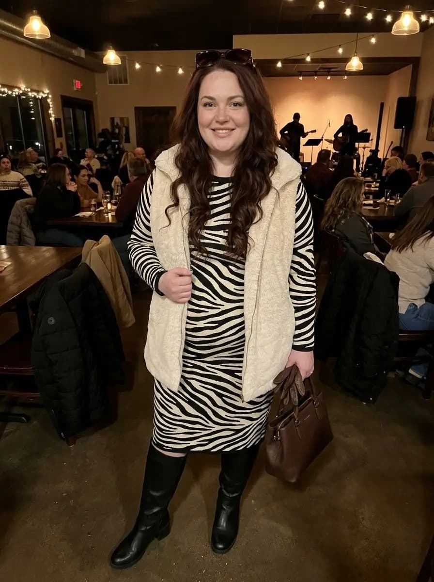 Zebra-Print Dress with Cream Faux-Fur Vest and Black Knee-High Boots